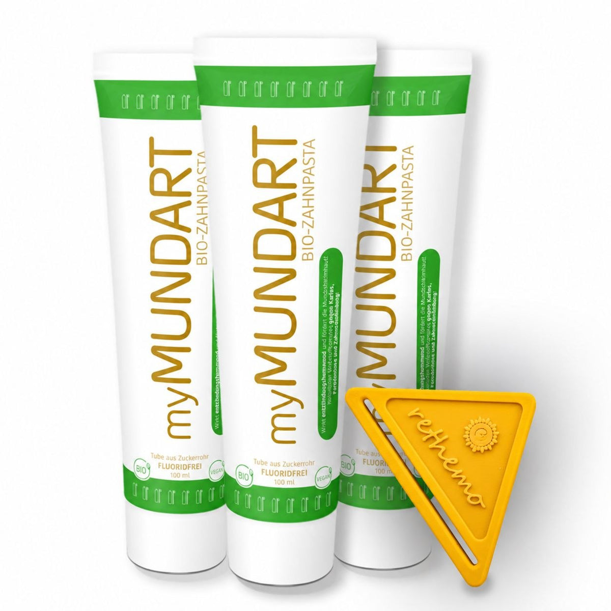 myMUNDART Zahnpasta ohne Fluorid - mit dem Kurkuma Effekt 3er Bundle+Quetscher
