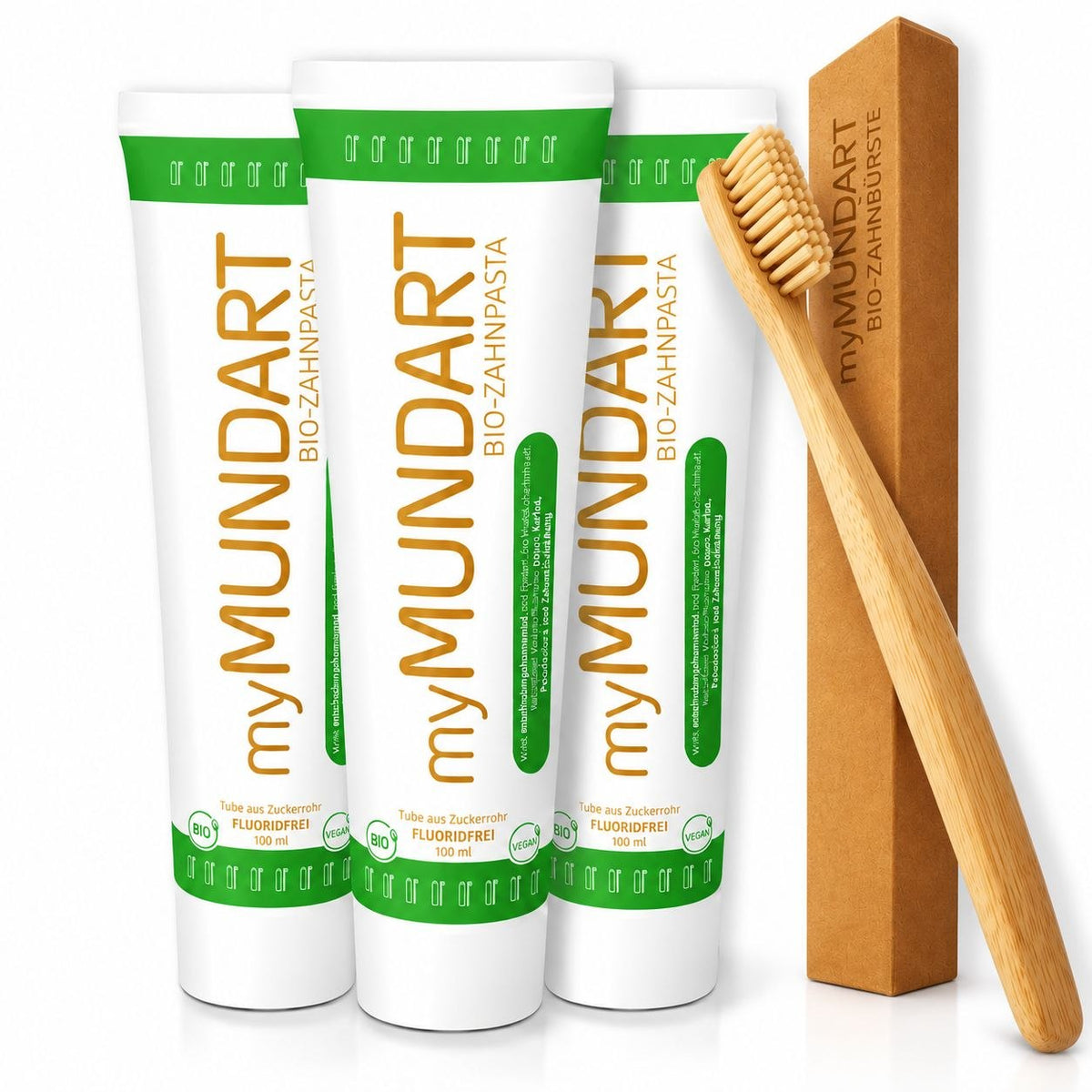 myMUNDART Zahnpasta ohne Fluorid - mit dem Kurkuma Effekt 3er Bundle+Zahnbürste aus Bambus
