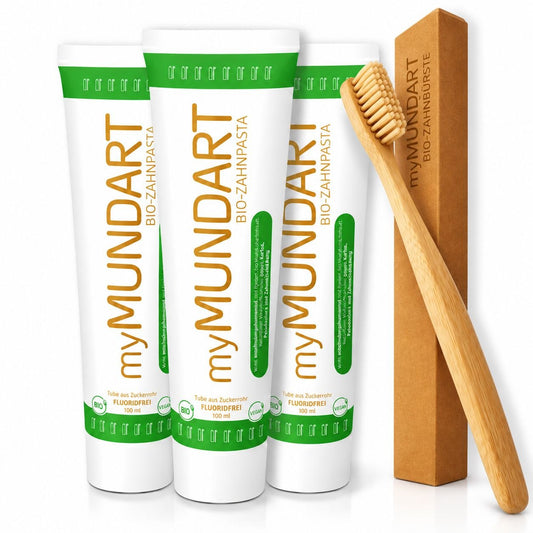 myMUNDART Zahnpasta ohne Fluorid - mit dem Kurkuma Effekt 3er Bundle+Zahnbürste aus Bambus